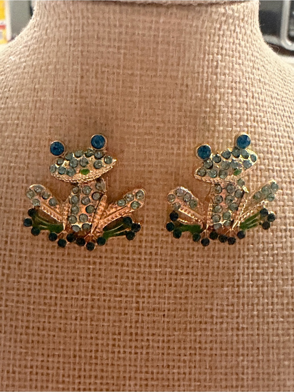 Cute Blue & Green Frog Rhinestone Stud Earrings - Picture 2 of 5